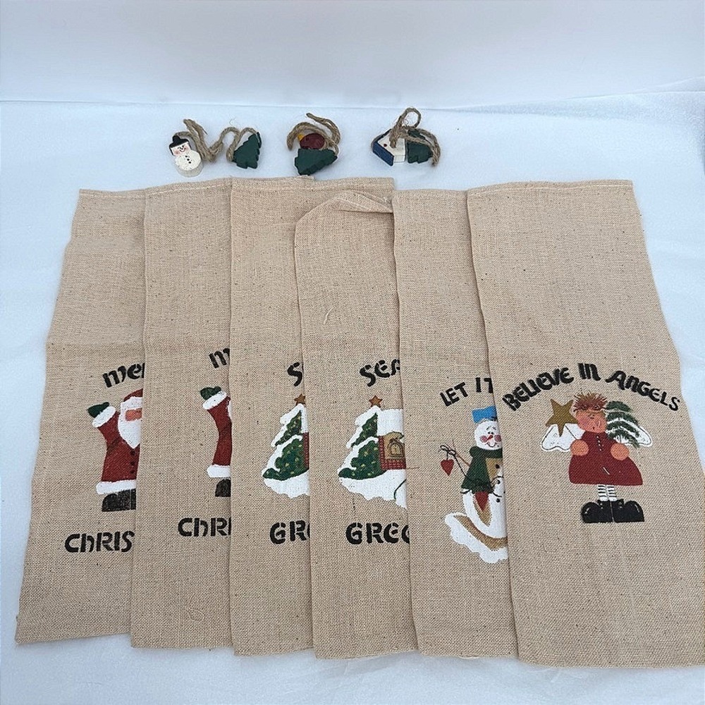 Christmas Wine Gift Bags Burlap Holiday Character Set of 6 with 3 Tie Charms